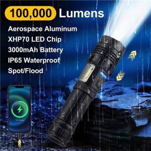100000 Lumen LED Flashlight USB Rechargeable Waterproof